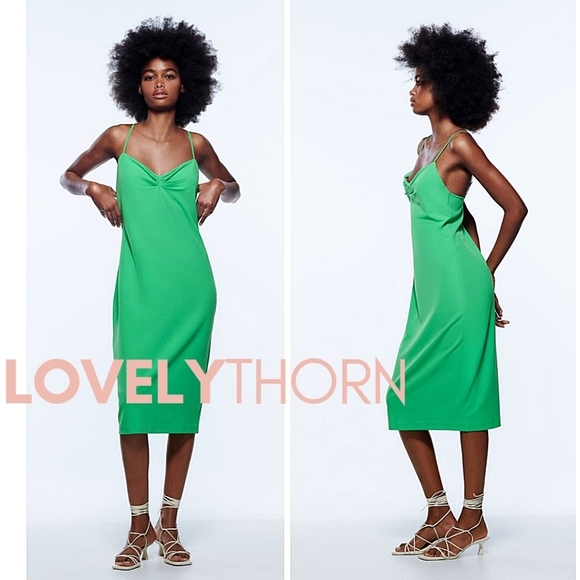 ZARA // green ruched adjustable straps midi slip dress - Picture 10 of 11